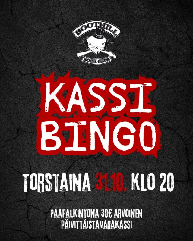 Kassibingon merkeissä pelaillaan tuttuun tapaan kuun vikana torstaina 31.10. klo 20! 😎 Palkintona 30€ arvoinen kassi täynnä arjen hyödykkeitä, elintarvikkeita yms. 💰 Tervetuloa!

#boothillrockclub #helsinki