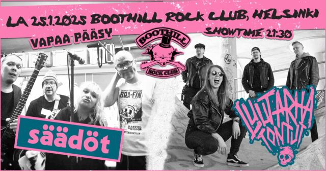 Boothill Rock Club tarjoilee illan täydeltä sähäkkää punkrock-energiaa, kun yhteiskeikalla nähdään Luutarhatontut ja Säädöt. 🦴🩷 Tule kuoppaamaan tammikuu asenteella!

LUUTARHATONTUT iskee lavalle räväkkää ja melodista energiaa suomipunkilla, joka on terästetty tarttuvalla rockilla ja metallisella mausteella. 2023 keikkailun ryminällä aloittanut bändi on skenen anteeksipyytelemätön ja omalaatuinen tulokas, joka vakuuttaa kuulijansa raivokkaalla live-esiintymisellään. Luutarhatonttujen musiikissa värikkäät ihmiskohtalot ja yhteiskunnan kipupisteet herättelevät vuoroin toivon tai raivon kipinää, satunnaista silmäniskua unohtamatta.

SÄÄDÖT on reipas ja sopivasti monipuolinen kohta kolmevuotias Helsingistä. Kappaleet tasapainoilevat erilaisten tunteiden ja tunnelmien reunoilla ammentaen voimansa kahden ihmisen välillä vituillaan olevasta dynamiikasta, kaupunkiasumisen iloista ja suruista sekä kaikesta siltä väliltä. Jo yhtyeen debyyttisingle Olkaa tyytyväisii (2022) herätti ihastusta medioissa: “Hattua kelpaa nostaa myös itse sävellykselle, toteutukselle sekä sovitukselle, jotka yhdessä takovat kasaan melkoisen voimanpesän.” (Desibeli.net). Kappaleita on tähän mennessä julkaistu kahdeksan. Seuraava sinkku julkaistaan tammikuussa ja pitkäsoitto kevään aikana. Keikkoja soitetaan niin kotimaassa kuin lahden takana.

⏰ Showtime 21:30
🆓 Ilmainen sisäänpääsy!

𝕭𝖔𝖔𝖙𝖍𝖎𝖑𝖑 𝕽𝖔𝖈𝖐 𝕮𝖑𝖚𝖇
📍 Lönnrontinkatu 25, Helsinki

#boothillrockclub #helsinki