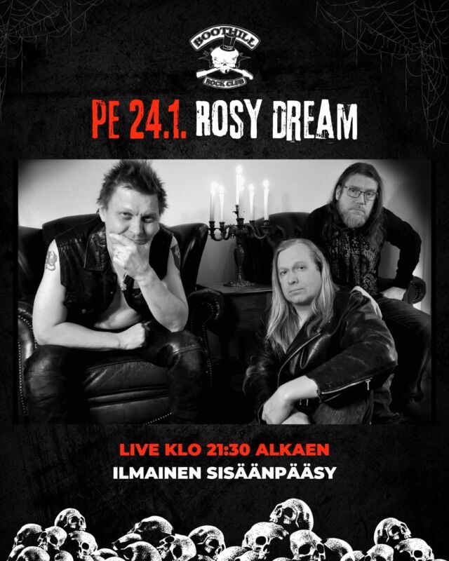 Perjantaina 24.1. Boothillissa rokki soi kun kolmihenkinen Rosy Dream kapuaa lauteille! 🕯

Karheaääninen rocktrio Rosy Dream on jyntänyt maantienpölystä rokkiaan vuosikymmeniä. Tie on ollut pitkä ja matkalla on tullut vaikutetta monesta suunnasta. Marshallit ovat kasvaneet ja alkoholin jalostama ääni madaltunut. Bändin laajassa tuotannossa on muutakin kuin Mötörhead- Peer Gűnt- henkistä hardrockia: välillä vaihdetaan akustiseen ja improvisaatiolle on paljon tilaa.

⏰ Showtime 21:30
🆓 Ilmainen sisäänpääsy!

𝕭𝖔𝖔𝖙𝖍𝖎𝖑𝖑 𝕽𝖔𝖈𝖐 𝕮𝖑𝖚𝖇
📍 Lönnrontinkatu 25, Helsinki

#boothillrockclub #helsinki